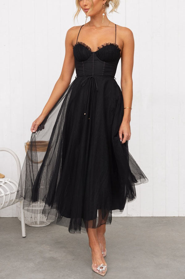 Corset Midi Dress with Tulle Skirt and Spaghetti Straps