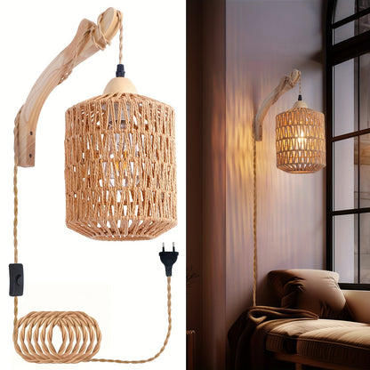Boho Wood And Rattan Wall Lamp | Hand Woven Plug In Sconce For Bedsides and Reading Corners