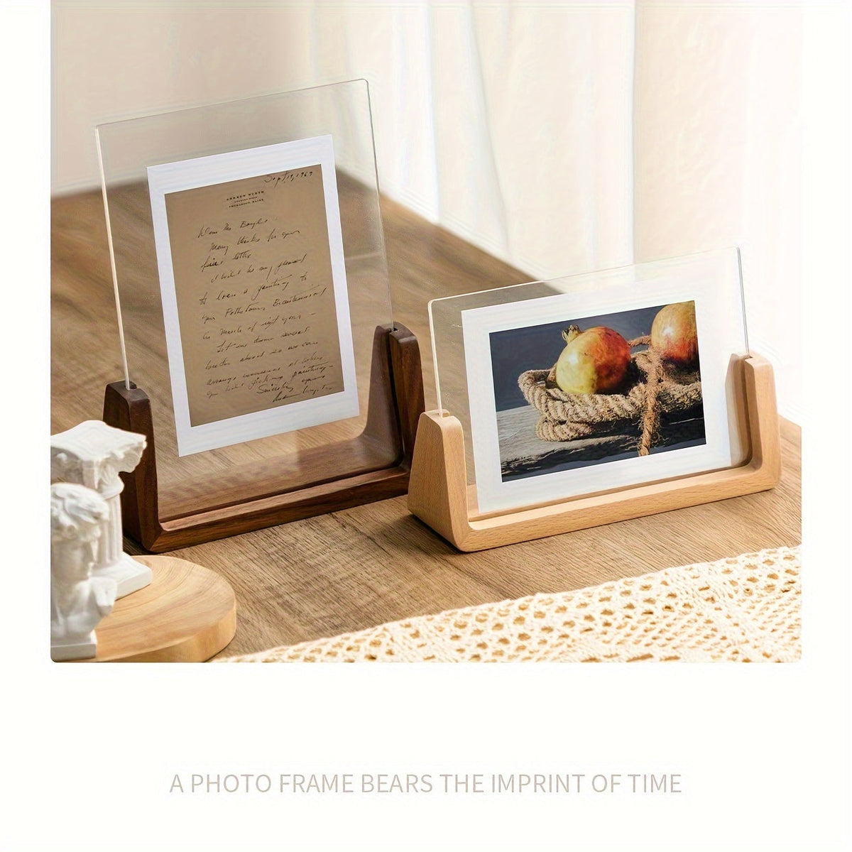 U Shaped Acrylic and Wood Photo Frame | Modern Minimalist Freestanding Picture Display Stand