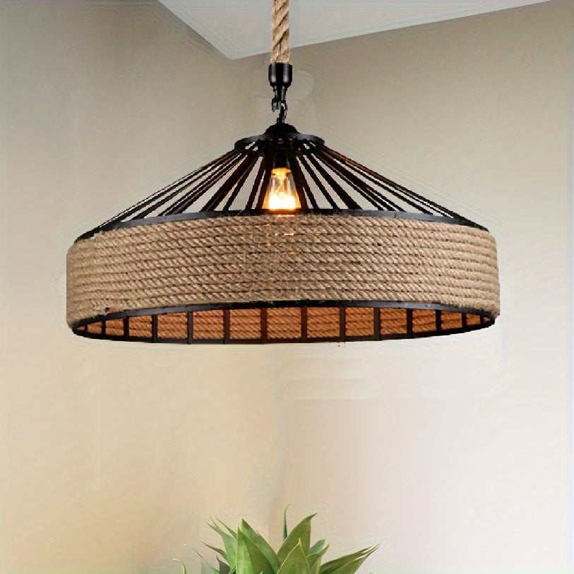 Rustic Hemp Rope Pendant Light | Vintage Farmhouse Woven Metal Ceiling Lamp, 30 cm Diameter