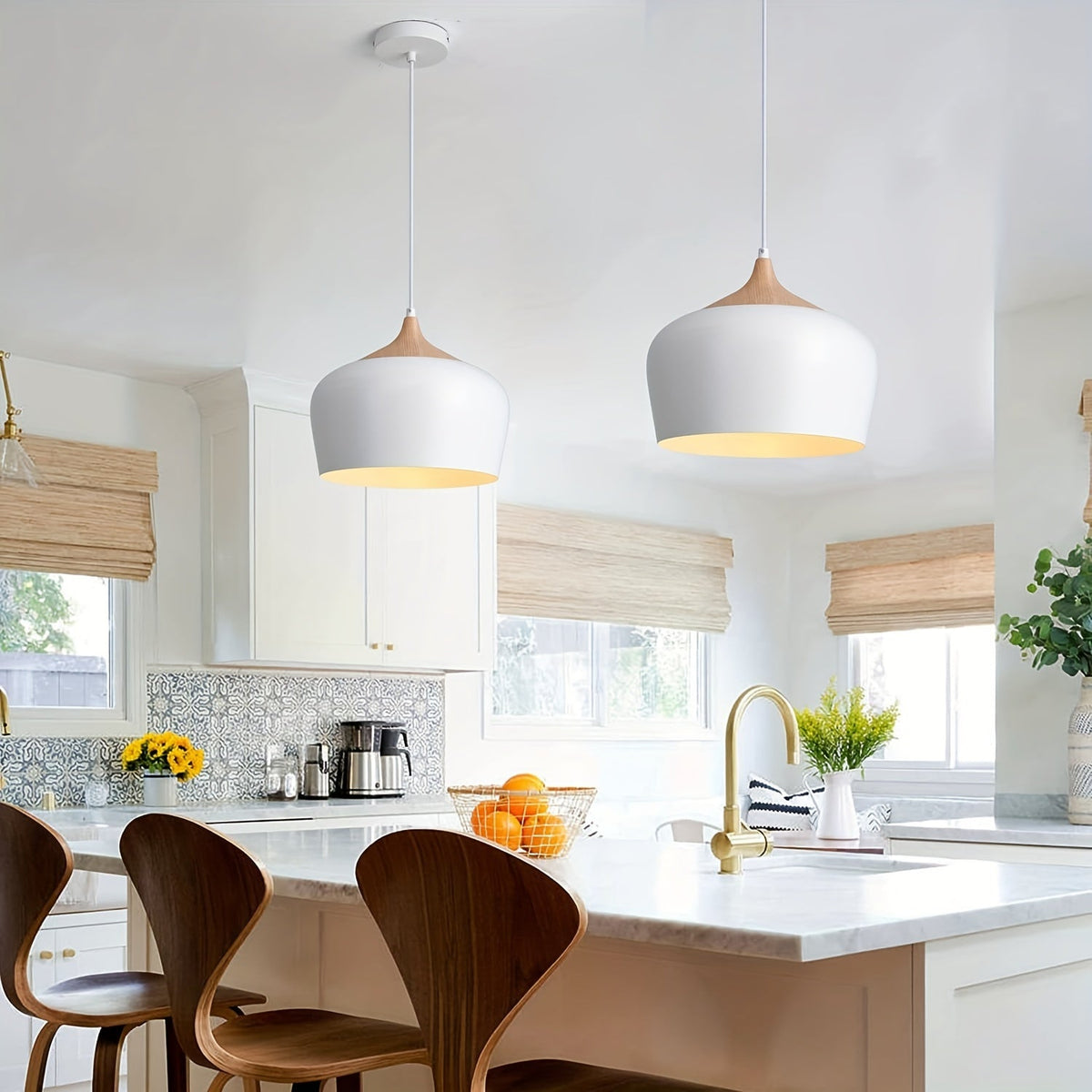 Modern Scandinavian Pendant Light | Iron And Wood Grain Ceiling Lamp In White or Black Finish