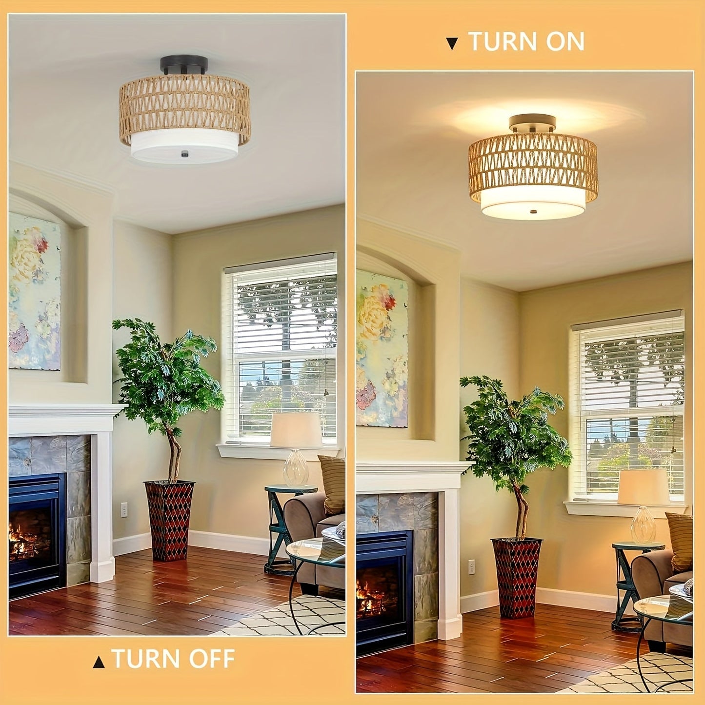 Boho Rattan Ceiling Light | Semi Flush Mount With A Woven Outer Shade and Linen Inner Diffuser