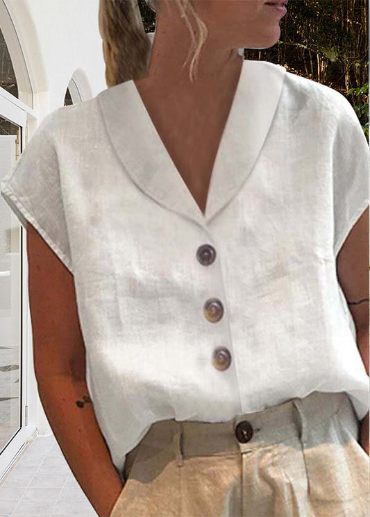 Naia Shawl-Neck Linen Button-Front Top