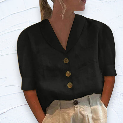 Naia Shawl-Neck Linen Button-Front Top