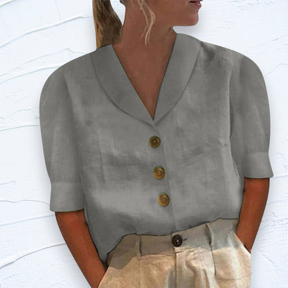 Naia Shawl-Neck Linen Button-Front Top