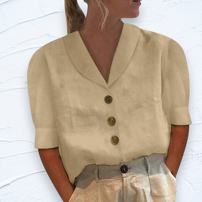 Naia Shawl-Neck Linen Button-Front Top