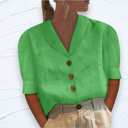 Naia Shawl-Neck Linen Button-Front Top