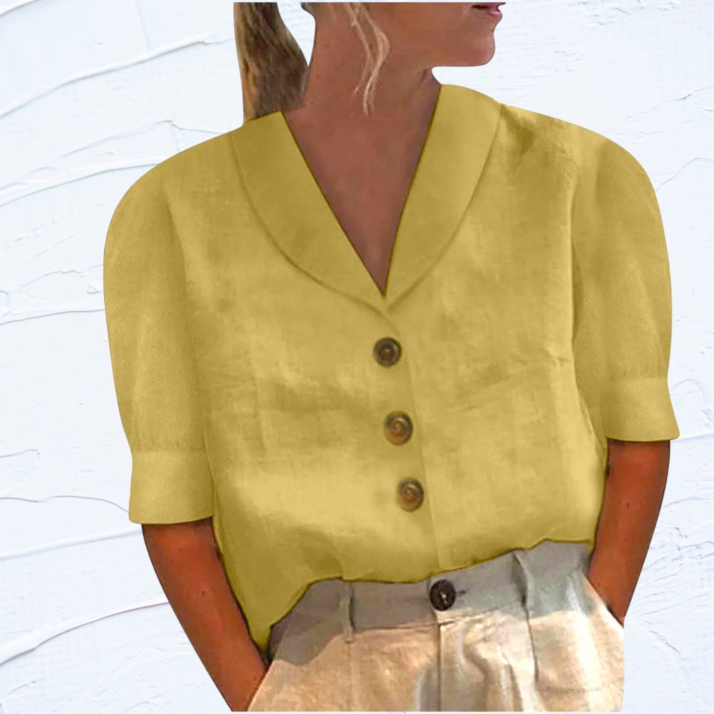 Naia Shawl-Neck Linen Button-Front Top