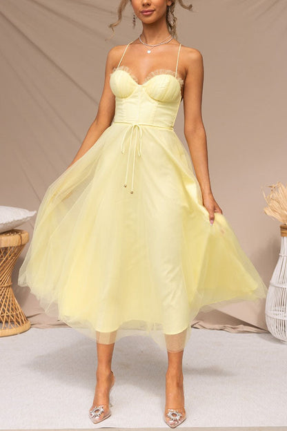 Corset Midi Dress with Tulle Skirt and Spaghetti Straps