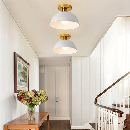 Modern Semi Flush Ceiling Lamp | Matte Iron Dome With A Brass Detail In Black or White Finish