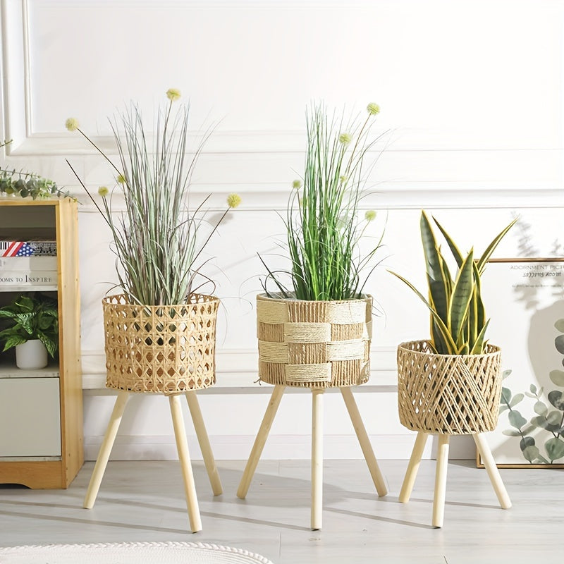 Bohemian Bamboo Woven Flower Stand | Handcrafted Rattan Planter Basket With Solid Wooden Legs