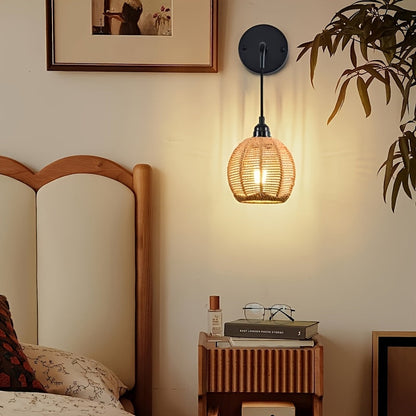 Boho Rattan Wall Lamp | Handwoven Shade Bedside and Living Room Sconce In Black Polished Metal