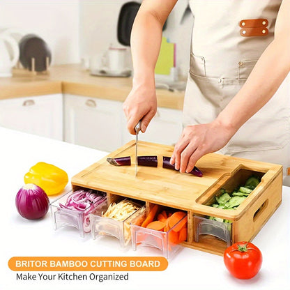 Bamboo Cutting Board With Storage Trays and Graters | Multifunctional Kitchen Prep Station Set