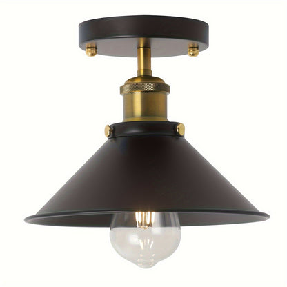 Industrial Black Semi Flush Ceiling Light | Vintage Metal Cone Shade With A Brass Lined Detail