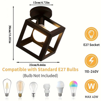 Geometric Cube Ceiling Light | Modern Industrial Open Metal Frame Semi Flush Mount Fixture
