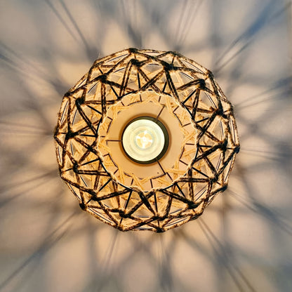 Bohemian Hemp Rope Ceiling Light | Handwoven Rustic Flush Mount In Iron and Natural Hemp Rope