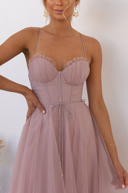 Corset Midi Dress with Tulle Skirt and Spaghetti Straps