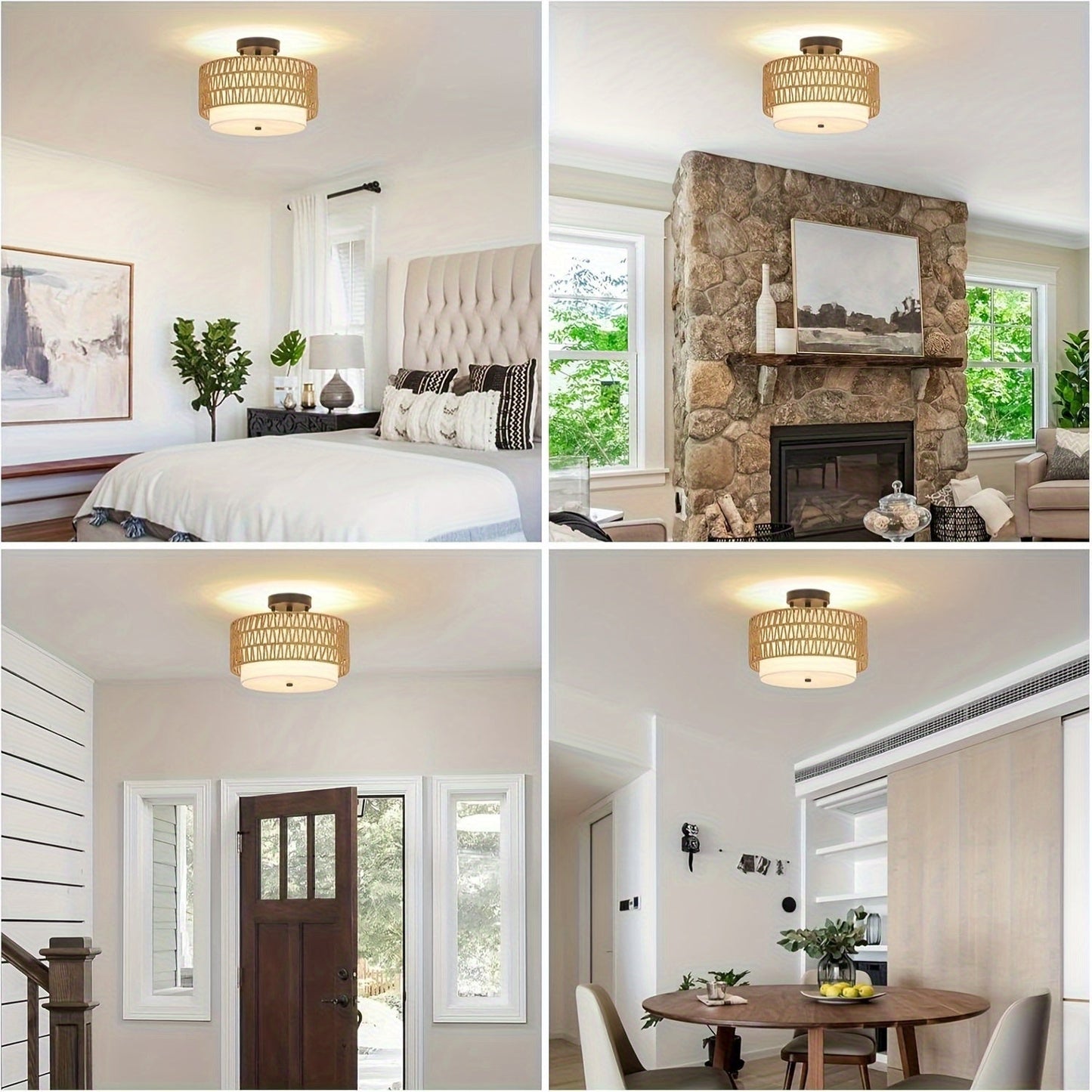 Boho Rattan Ceiling Light | Semi Flush Mount With A Woven Outer Shade and Linen Inner Diffuser
