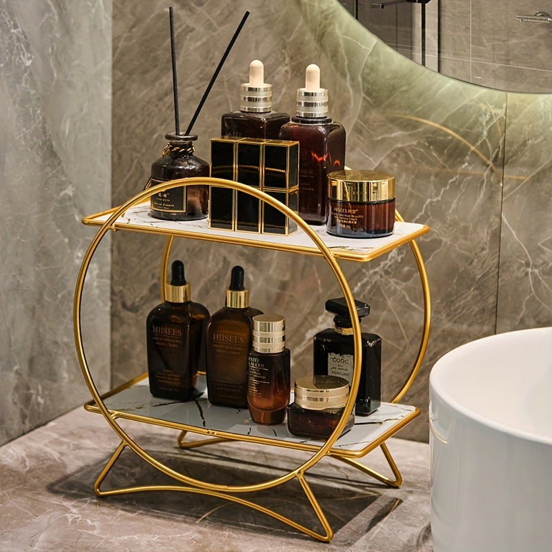 Double Tiered Bathroom Organiser | Stylish Metal Cosmetic And Skincare Shelf With Cat Ear Base