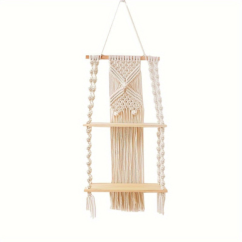 Boho Macrame Wall Shelf | Two Tier Hanging Storage Rack In Natural Timber And Woven Cotton Rope