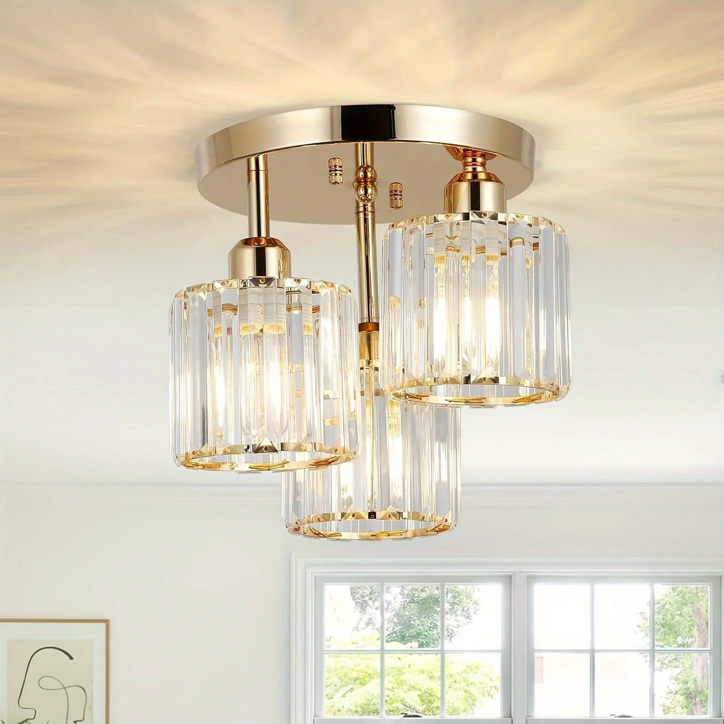Gold Luxury Crystal Ceiling Light | 3 Light Semi Flush Mount For Bedrooms and Hallway Ceilings