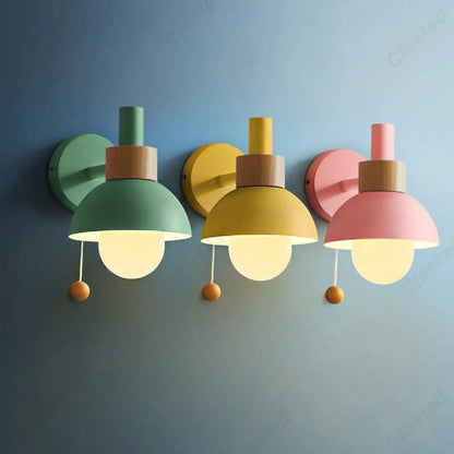 Nordic Wood Accent Wall Lamp | Minimalist Pull Switch Globe Light In Five Soft Macaron Colours