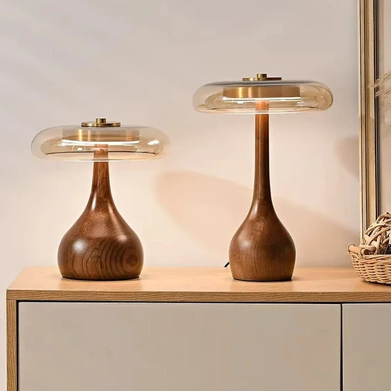 Cognara Glass Table Lamp | Modern Brass and Walnut Wood Accent Table Light In Two Lamp Heights