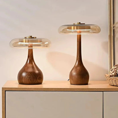 Cognara Glass Table Lamp | Modern Brass and Walnut Wood Accent Table Light In Two Lamp Heights