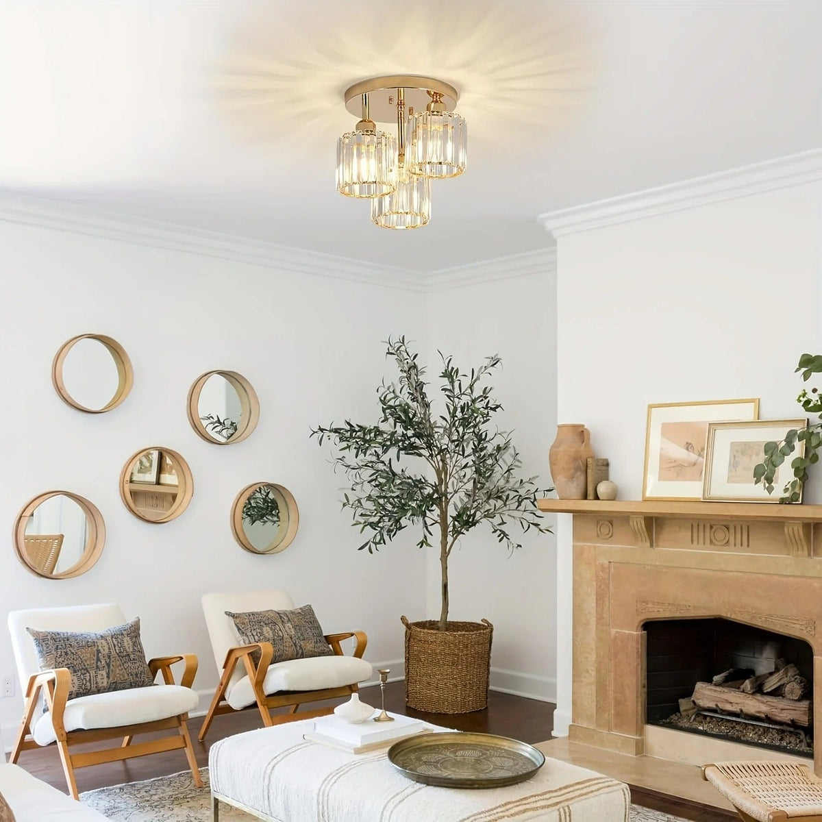 Gold Luxury Crystal Ceiling Light | 3 Light Semi Flush Mount For Bedrooms and Hallway Ceilings