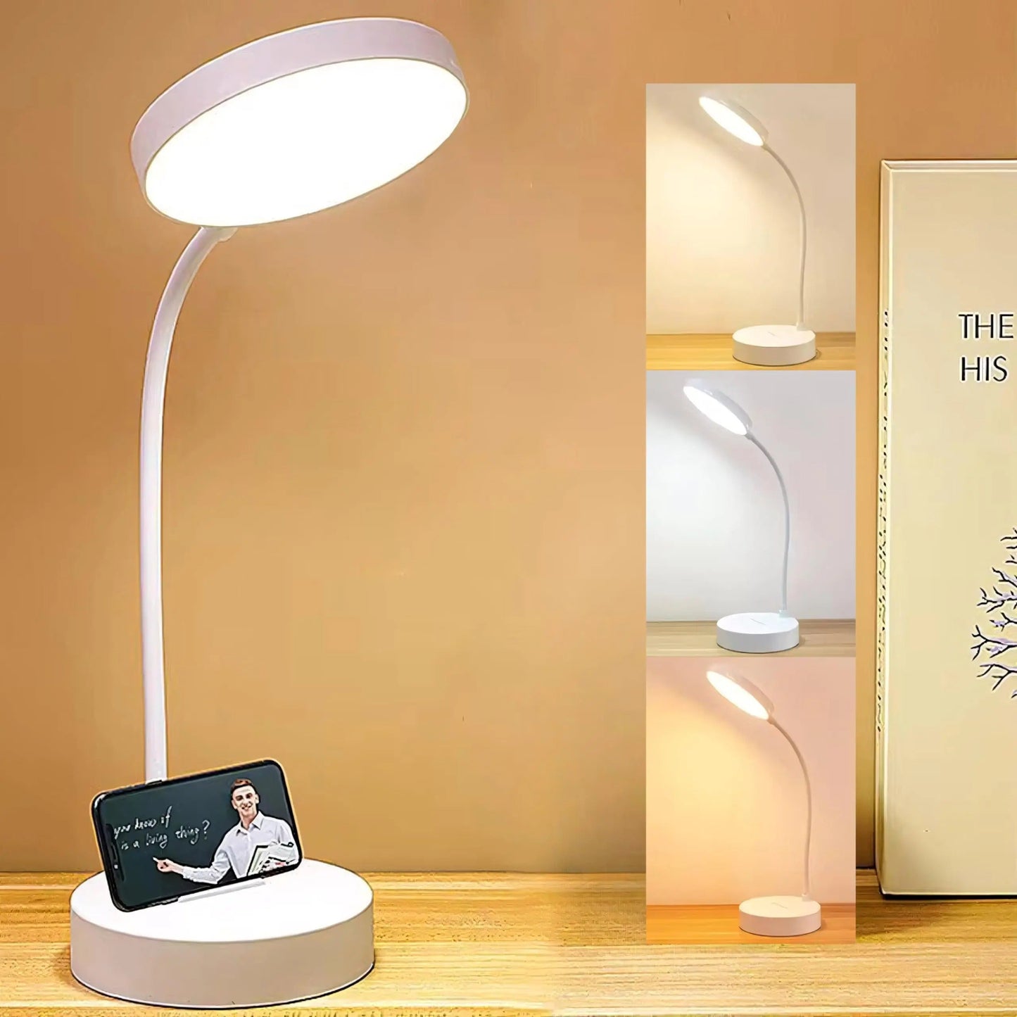 LED Desk Lamp With USB Charging | Adjustable Swan Neck Reading Light and A Phone Slot Base