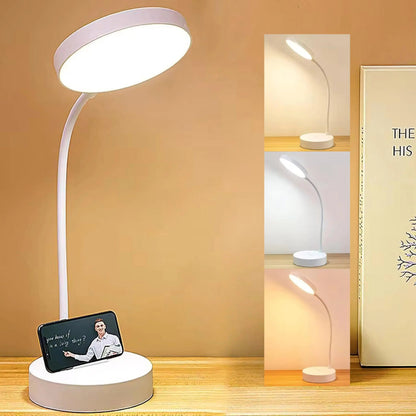 LED Desk Lamp With USB Charging | Adjustable Swan Neck Reading Light and A Phone Slot Base