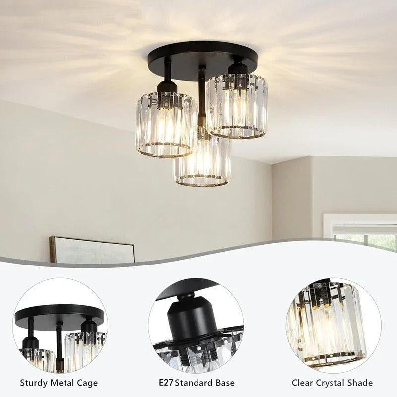 Gold Luxury Crystal Ceiling Light | 3 Light Semi Flush Mount For Bedrooms and Hallway Ceilings