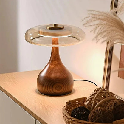 Cognara Glass Table Lamp | Modern Brass and Walnut Wood Accent Table Light In Two Lamp Heights