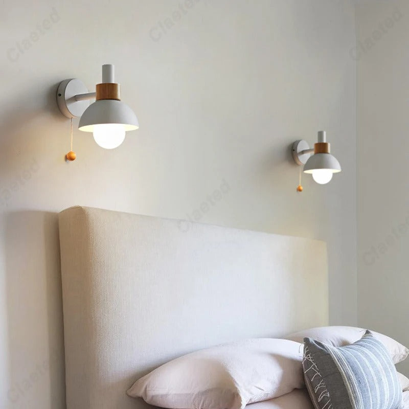 Nordic Wood Accent Wall Lamp | Minimalist Pull Switch Globe Light In Five Soft Macaron Colours
