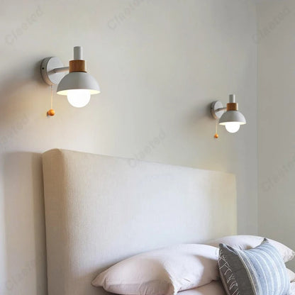 Nordic Wood Accent Wall Lamp | Minimalist Pull Switch Globe Light In Five Soft Macaron Colours
