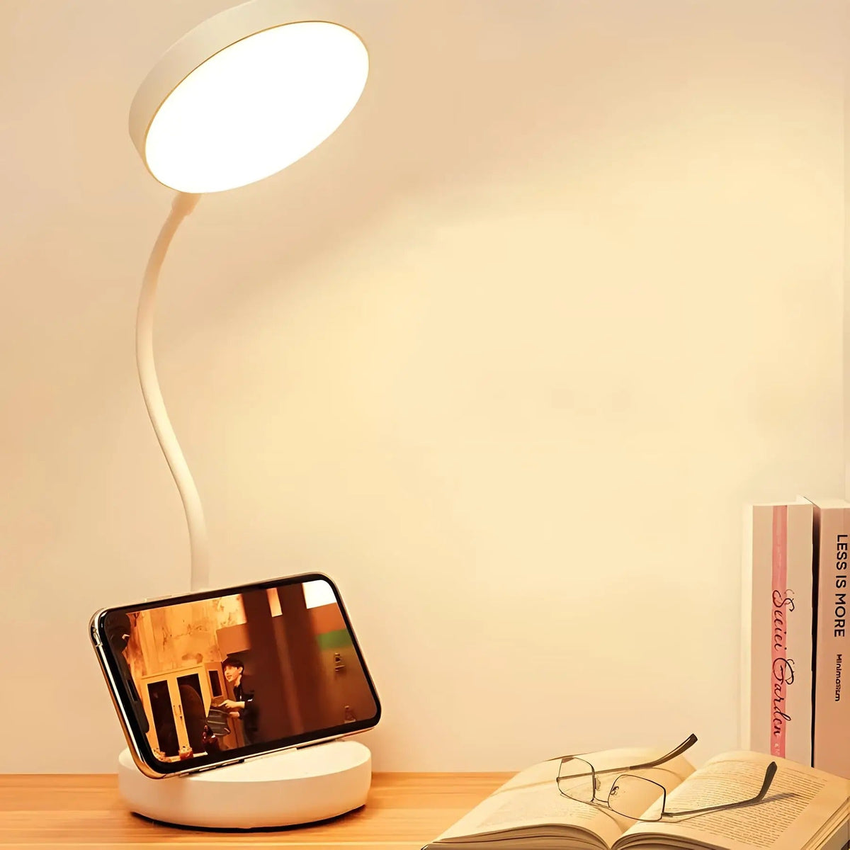 LED Desk Lamp With USB Charging | Adjustable Swan Neck Reading Light and A Phone Slot Base