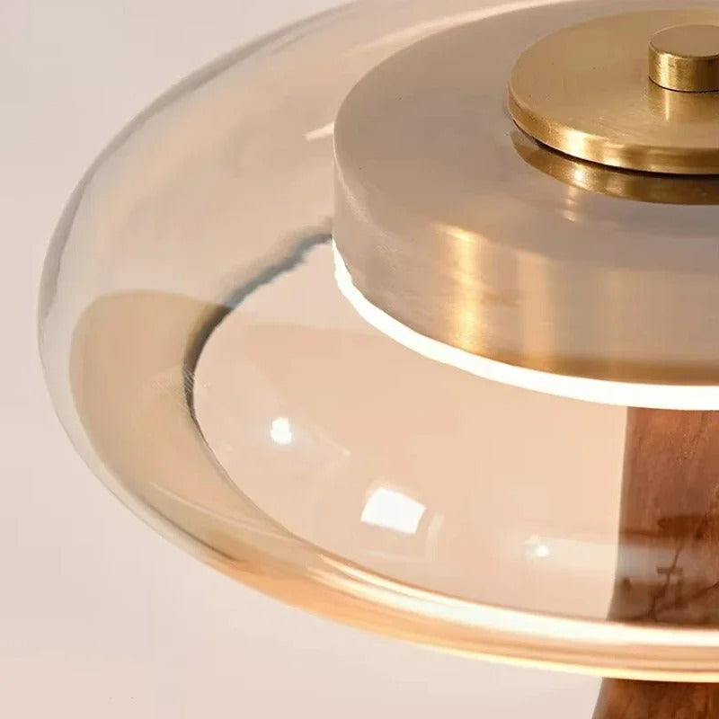 Cognara Glass Table Lamp | Modern Brass and Walnut Wood Accent Table Light In Two Lamp Heights