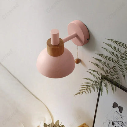 Nordic Wood Accent Wall Lamp | Minimalist Pull Switch Globe Light In Five Soft Macaron Colours