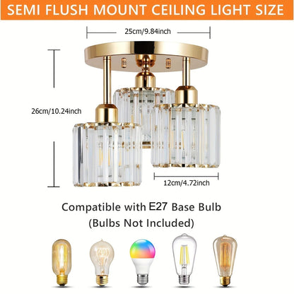 Gold Luxury Crystal Ceiling Light | 3 Light Semi Flush Mount For Bedrooms and Hallway Ceilings