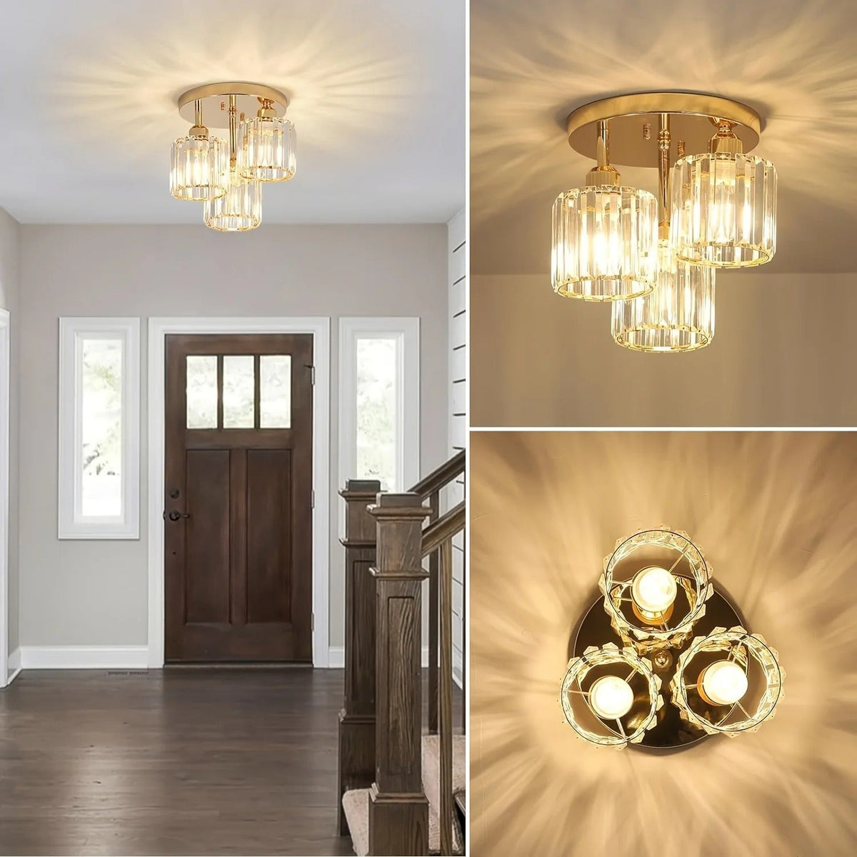 Gold Luxury Crystal Ceiling Light | 3 Light Semi Flush Mount For Bedrooms and Hallway Ceilings