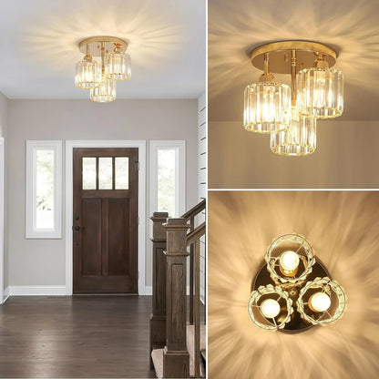 Gold Luxury Crystal Ceiling Light | 3 Light Semi Flush Mount For Bedrooms and Hallway Ceilings