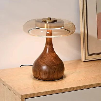 Cognara Glass Table Lamp | Modern Brass and Walnut Wood Accent Table Light In Two Lamp Heights