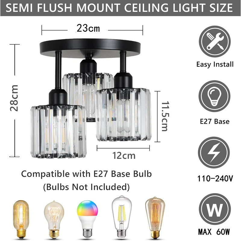 Gold Luxury Crystal Ceiling Light | 3 Light Semi Flush Mount For Bedrooms and Hallway Ceilings