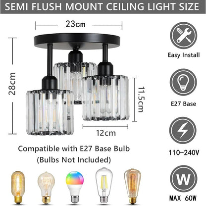 Gold Luxury Crystal Ceiling Light | 3 Light Semi Flush Mount For Bedrooms and Hallway Ceilings