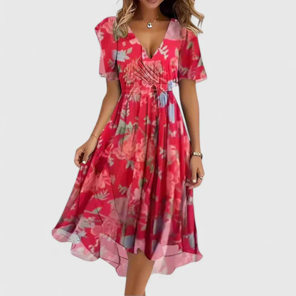Floral V-Neck Short Sleeve Midi Dress