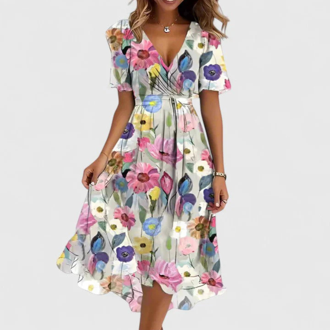 Floral V-Neck Short Sleeve Midi Dress