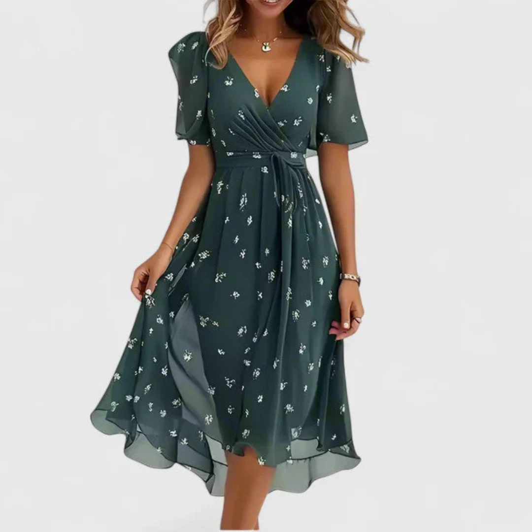 Floral V-Neck Short Sleeve Midi Dress