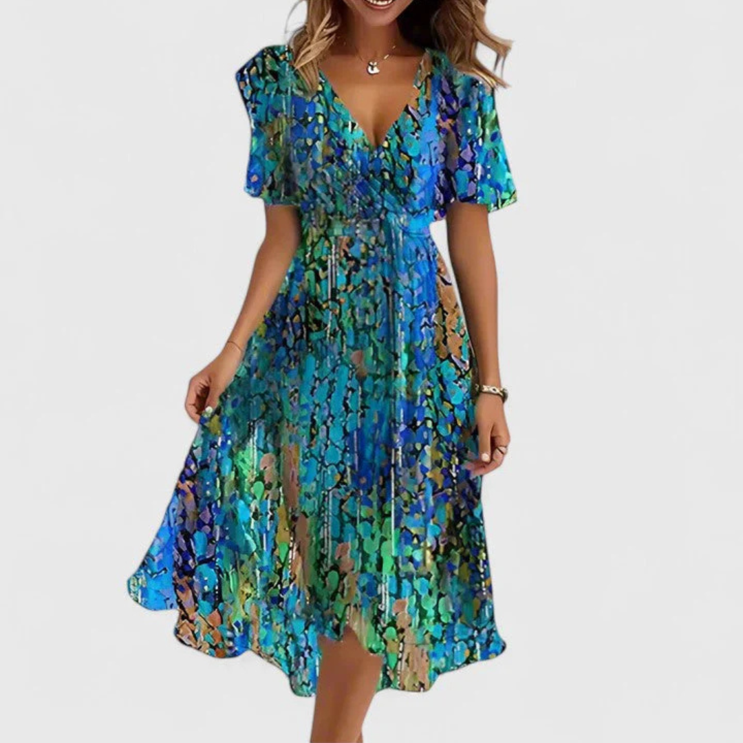 Floral V-Neck Short Sleeve Midi Dress