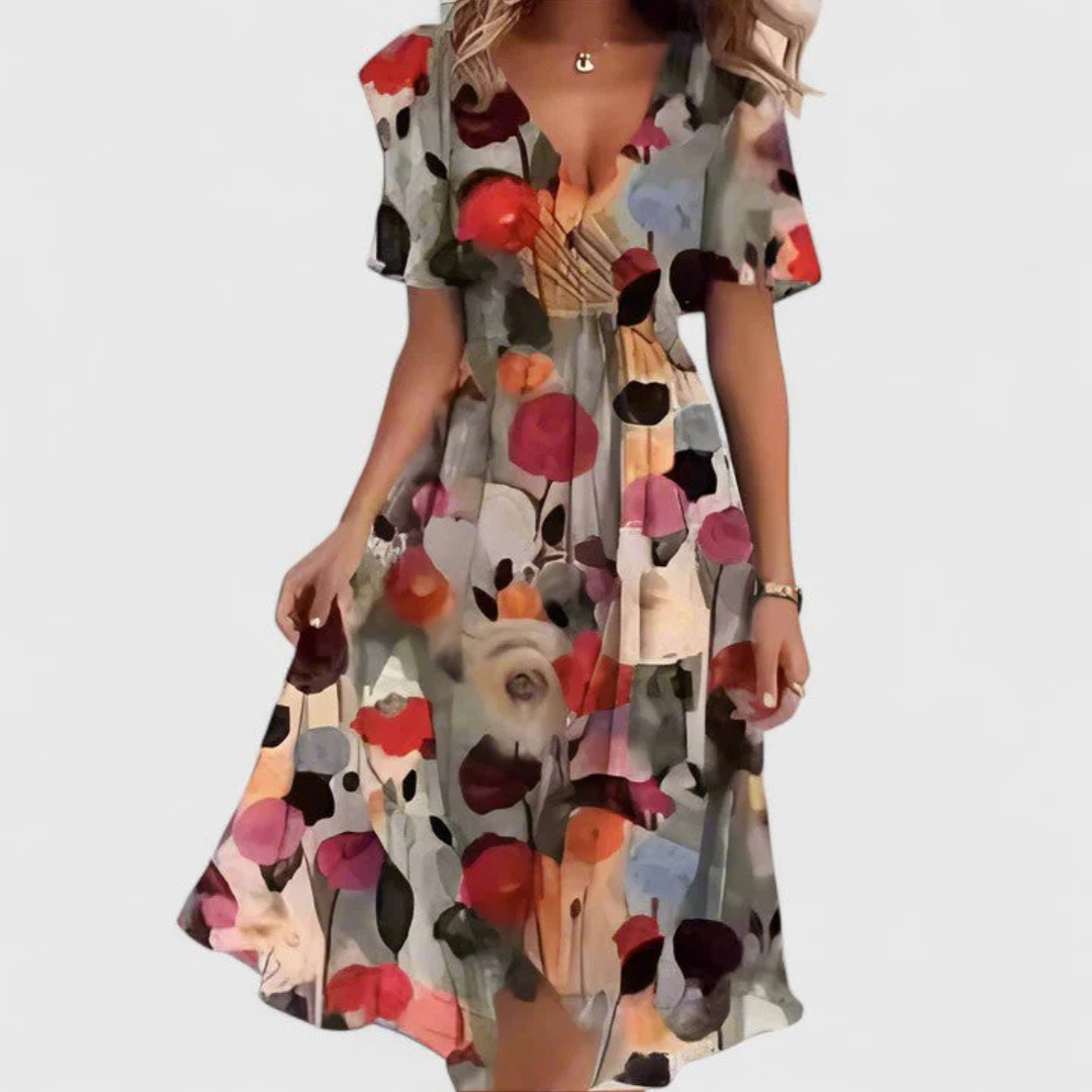 Floral V-Neck Short Sleeve Midi Dress