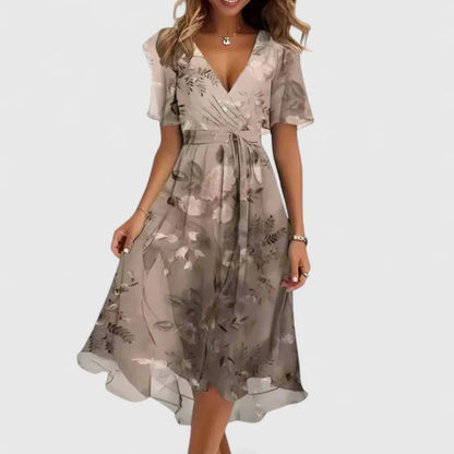 Floral V-Neck Short Sleeve Midi Dress